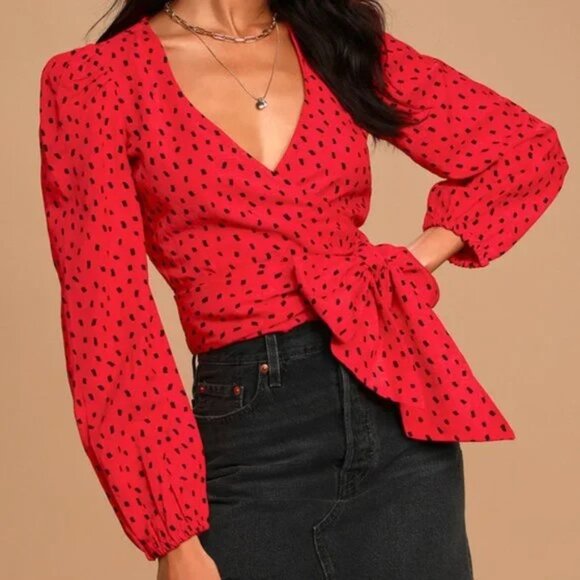 Billabong Sincerely Jules Wrapped in Love Wrap Top M Long Puff Sleeves Red - Picture 13 of 14